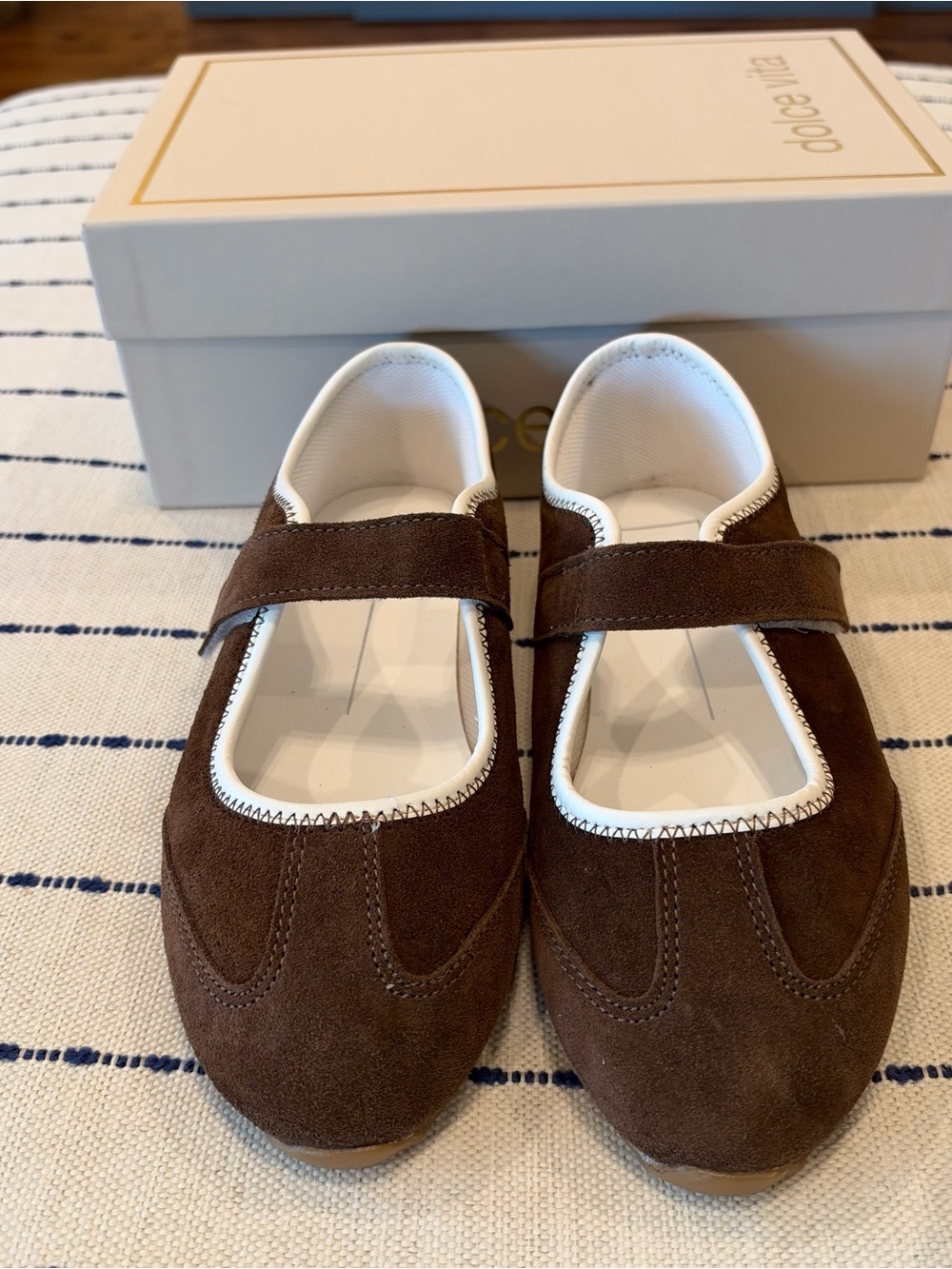 Dolce Vita Brown Suede Mary Jane Flats with White Trim